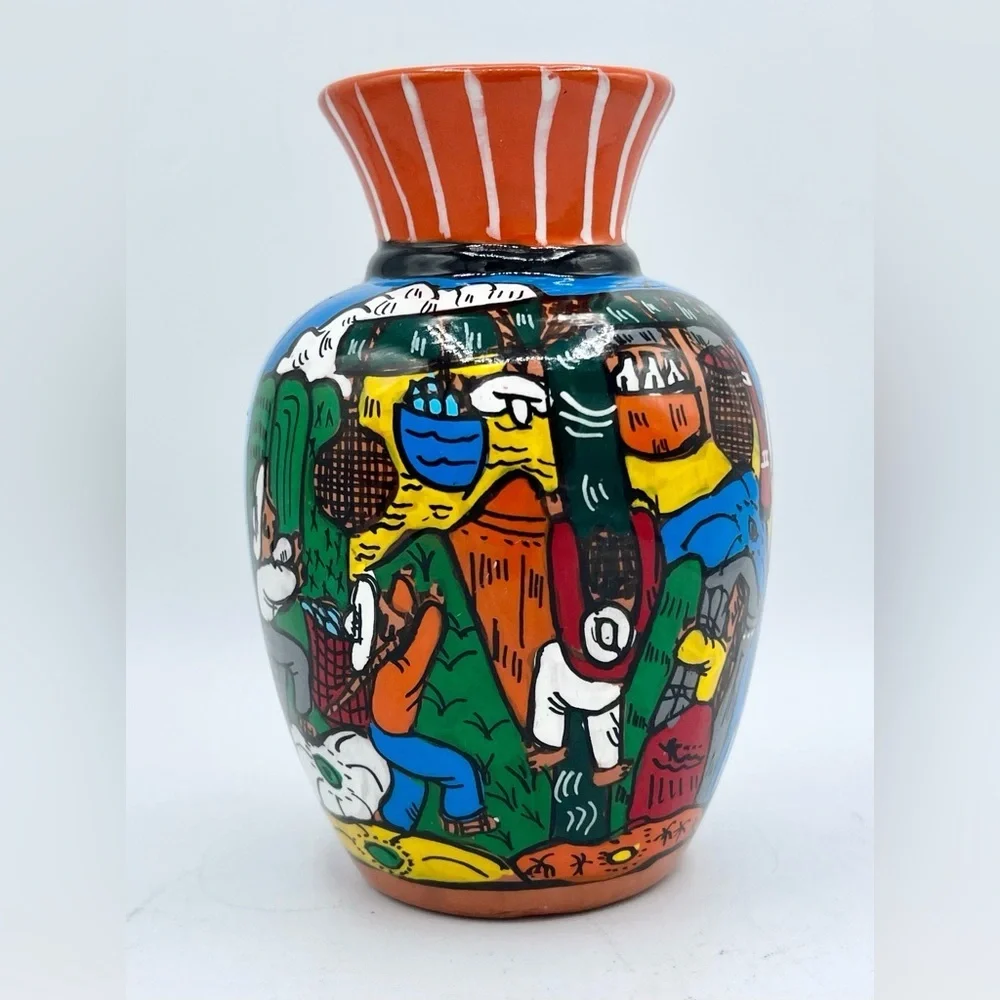 Vtg Terra Cotta‎ Folk Art Hand Painted Storyteller Vase 4.25” Tall EUC